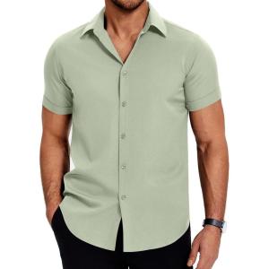 imageCOOFANDY Mens Dress Shirts Short Sleeve Regular Fit Lightweight Untucked Button Down ShirtLight Green