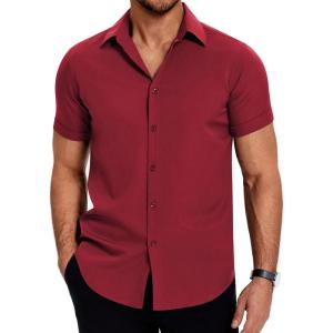 imageCOOFANDY Mens Dress Shirts Short Sleeve Regular Fit Lightweight Untucked Button Down ShirtWine Red