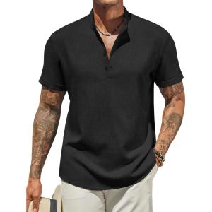 imageCOOFANDY Mens Henley Shirt Short Sleeve Casual Summer Beach Hippie TShirts Lightweight Vacation TopsBlack
