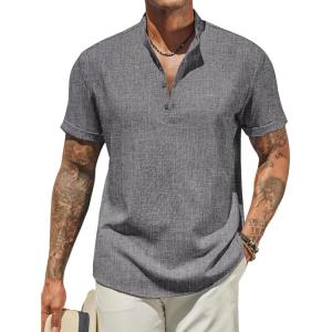 imageCOOFANDY Mens Henley Shirt Short Sleeve Casual Summer Beach Hippie TShirts Lightweight Vacation TopsDark Grey