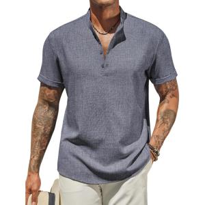 imageCOOFANDY Mens Henley Shirt Short Sleeve Casual Summer Beach Hippie TShirts Lightweight Vacation TopsDark Heather Blue