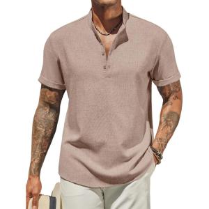 imageCOOFANDY Mens Henley Shirt Short Sleeve Casual Summer Beach Hippie TShirts Lightweight Vacation TopsKhaki