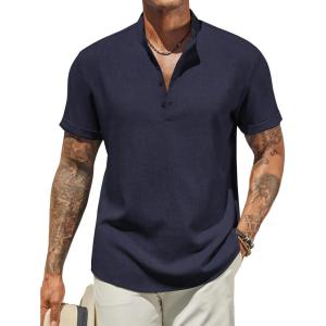 imageCOOFANDY Mens Henley Shirt Short Sleeve Casual Summer Beach Hippie TShirts Lightweight Vacation TopsNavy Blue