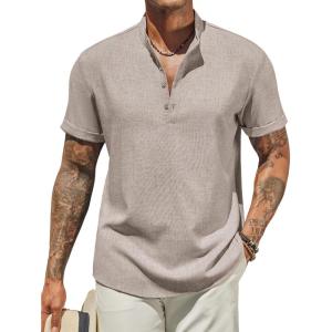 imageCOOFANDY Mens Henley Shirt Short Sleeve Casual Summer Beach Hippie TShirts Lightweight Vacation TopsStone