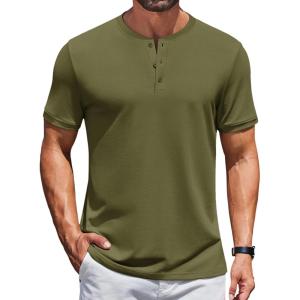imageCOOFANDY Mens Henley Shirts Short Sleeve Casual Summer Basic Tee Solid Button TShirtsArmy Green