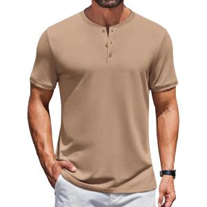 imageCOOFANDY Mens Henley Shirts Short Sleeve Casual Summer Basic Tee Solid Button TShirtsKhaki