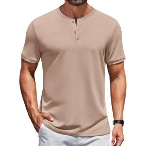 imageCOOFANDY Mens Henley Shirts Short Sleeve Casual Summer Basic Tee Solid Button TShirtsLight Khaki