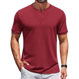 imageCOOFANDY Mens Henley Shirts Short Sleeve Casual Summer Basic Tee Solid Button TShirtsWine Red