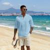 imageCOOFANDY Mens Casual Henley Shirts Long Sleeve Band Collar Lightweight Beach Shirts Summer TShirtsBlue