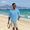 imageCOOFANDY Mens Casual Henley Shirts Long Sleeve Band Collar Lightweight Beach Shirts Summer TShirtsDenim Blue