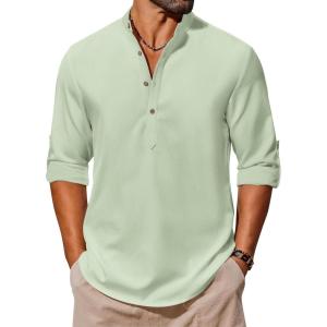 imageCOOFANDY Mens Casual Henley Shirts Long Sleeve Band Collar Lightweight Beach Shirts Summer TShirtsGreen