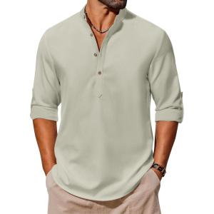 imageCOOFANDY Mens Casual Henley Shirts Long Sleeve Band Collar Lightweight Beach Shirts Summer TShirtsGrey