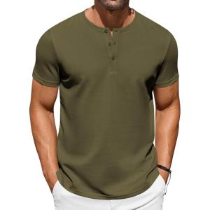 imageCOOFANDY Mens Casual Henley TShirts Summer Short Sleeve Cotton Shirts Basic Button Tee TopsArmy Green