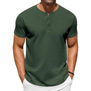 imageCOOFANDY Mens Casual Henley TShirts Summer Short Sleeve Cotton Shirts Basic Button Tee TopsDark Green