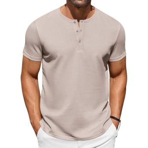 imageCOOFANDY Mens Casual Henley TShirts Summer Short Sleeve Cotton Shirts Basic Button Tee TopsKhaki