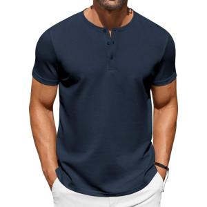 imageCOOFANDY Mens Casual Henley TShirts Summer Short Sleeve Cotton Shirts Basic Button Tee TopsNavy Blue