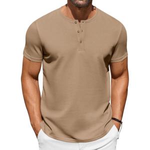 imageCOOFANDY Mens Casual Henley TShirts Summer Short Sleeve Cotton Shirts Basic Button Tee TopsSesame