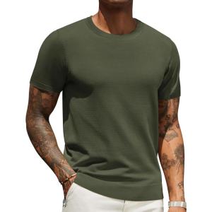 imageCOOFANDY Mens Crewneck Sweater Short Sleeve Knit Pullover Casual Basic Tops Classic Fashion TeesArmy Green
