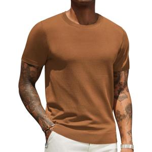 imageCOOFANDY Mens Crewneck Sweater Short Sleeve Knit Pullover Casual Basic Tops Classic Fashion TeesCaramel