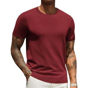 imageCOOFANDY Mens Crewneck Sweater Short Sleeve Knit Pullover Casual Basic Tops Classic Fashion TeesWine Red