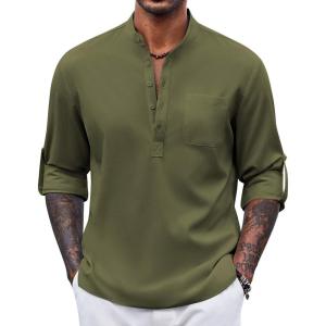 imageCOOFANDY Mens Henley Shirt Long Sleeve Lightweight Casual TShirt Summer Beach Hippie Tee ShirtArmy Green