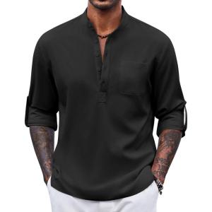 imageCOOFANDY Mens Henley Shirt Long Sleeve Lightweight Casual TShirt Summer Beach Hippie Tee ShirtBlack