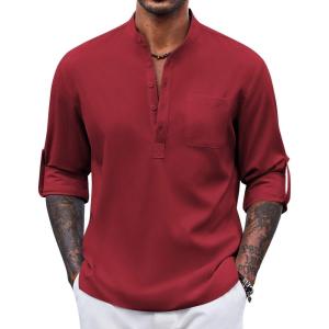 imageCOOFANDY Mens Henley Shirt Long Sleeve Lightweight Casual TShirt Summer Beach Hippie Tee ShirtDark Red