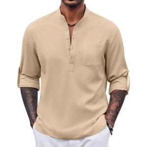 imageCOOFANDY Mens Henley Shirt Long Sleeve Lightweight Casual TShirt Summer Beach Hippie Tee ShirtKhaki