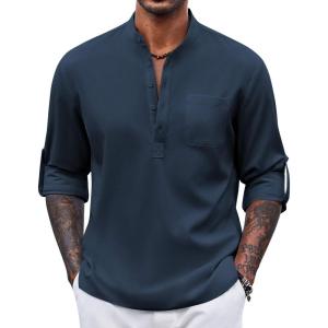 imageCOOFANDY Mens Henley Shirt Long Sleeve Lightweight Casual TShirt Summer Beach Hippie Tee ShirtNavy Blue