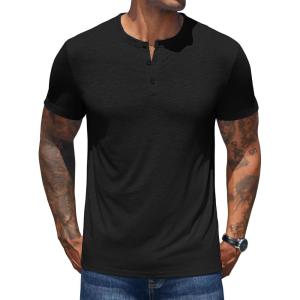 imageCOOFANDY Mens Henley Shirts Short Sleeve Casual Basic Henley Tee Summer Button Lightweight Stretch T ShirtsBlack