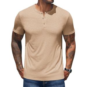 imageCOOFANDY Mens Henley Shirts Short Sleeve Casual Basic Henley Tee Summer Button Lightweight Stretch T ShirtsKhaki