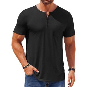 imageCOOFANDY Mens Henley Shirts Short Sleeve Casual T Shirt Plain Slim Fit Henley Stylish Summer Tee Shirts with PocketBlack