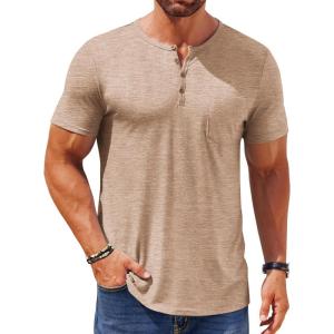 imageCOOFANDY Mens Henley Shirts Short Sleeve Casual T Shirt Plain Slim Fit Henley Stylish Summer Tee Shirts with PocketKhaki