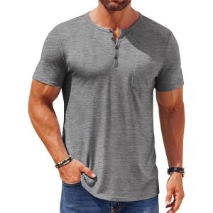 imageCOOFANDY Mens Henley Shirts Short Sleeve Casual T Shirt Plain Slim Fit Henley Stylish Summer Tee Shirts with PocketLight Grey