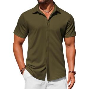 imageCOOFANDY Mens Dress Shirts Button Down Short Sleeve Shirt Summer Shirts Casual Wrinkle Free Muscle Fit ShirtsArmy Green