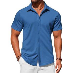 imageCOOFANDY Mens Dress Shirts Button Down Short Sleeve Shirt Summer Shirts Casual Wrinkle Free Muscle Fit ShirtsBlue