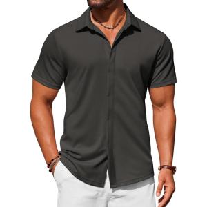 imageCOOFANDY Mens Dress Shirts Button Down Short Sleeve Shirt Summer Shirts Casual Wrinkle Free Muscle Fit ShirtsDark Gray