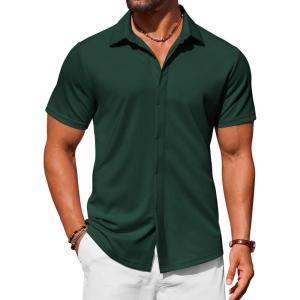 imageCOOFANDY Mens Dress Shirts Button Down Short Sleeve Shirt Summer Shirts Casual Wrinkle Free Muscle Fit ShirtsEvergreen