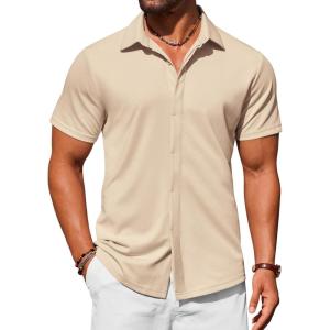 imageCOOFANDY Mens Dress Shirts Button Down Short Sleeve Shirt Summer Shirts Casual Wrinkle Free Muscle Fit ShirtsKhaki