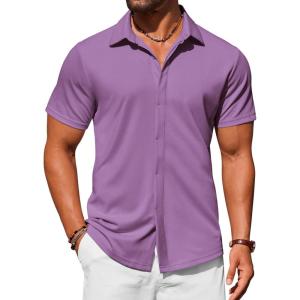 imageCOOFANDY Mens Dress Shirts Button Down Short Sleeve Shirt Summer Shirts Casual Wrinkle Free Muscle Fit ShirtsLilac Purple