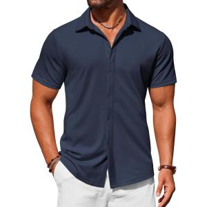 imageCOOFANDY Mens Dress Shirts Button Down Short Sleeve Shirt Summer Shirts Casual Wrinkle Free Muscle Fit ShirtsNavy Blue