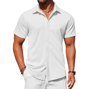 imageCOOFANDY Mens Dress Shirts Button Down Short Sleeve Shirt Summer Shirts Casual Wrinkle Free Muscle Fit ShirtsWhite