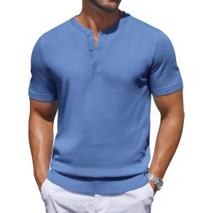imageCOOFANDY Mens Knit Henley Shirts Short Sleeve Casual Basic Tee Summer Button Soild T ShirtsBlue