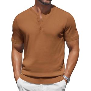 imageCOOFANDY Mens Knit Henley Shirts Short Sleeve Casual Basic Tee Summer Button Soild T ShirtsBrown