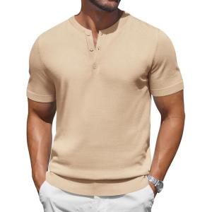 imageCOOFANDY Mens Knit Henley Shirts Short Sleeve Casual Basic Tee Summer Button Soild T ShirtsKhaki