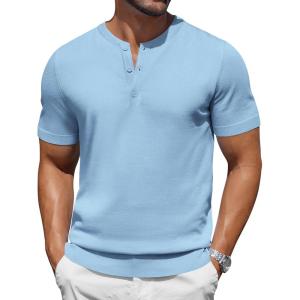 imageCOOFANDY Mens Knit Henley Shirts Short Sleeve Casual Basic Tee Summer Button Soild T ShirtsLight Blue