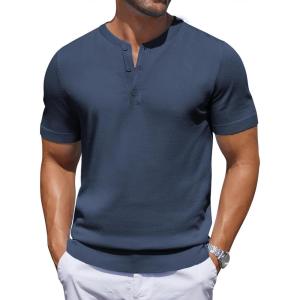 imageCOOFANDY Mens Knit Henley Shirts Short Sleeve Casual Basic Tee Summer Button Soild T ShirtsNavy Blue