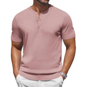 imageCOOFANDY Mens Knit Henley Shirts Short Sleeve Casual Basic Tee Summer Button Soild T ShirtsPink