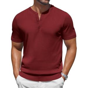 imageCOOFANDY Mens Knit Henley Shirts Short Sleeve Casual Basic Tee Summer Button Soild T ShirtsWine Red