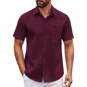 imageCOOFANDY Mens Short Sleeve Button Down Shirts Casual Dress Shirt Untucked Shirts with PocketWine Red